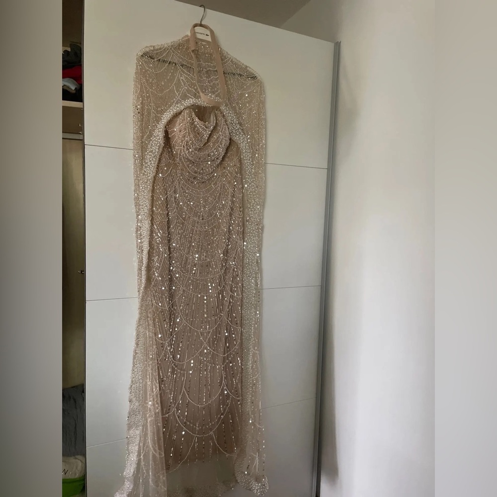 Dubai Arabia Nude Mermaid Long Cape Luxury Evening Dresses Gowns - Picture 6 of 16